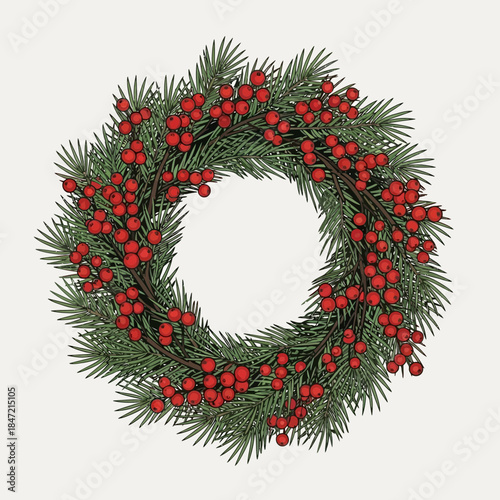 Festive Christmas wreath decorated with red berries and green pine needles for holiday celebrations