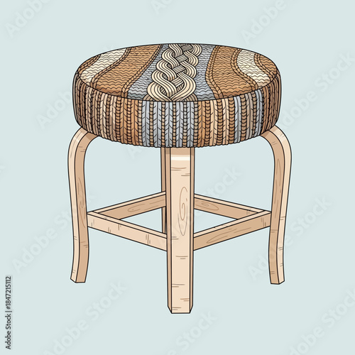 Hand-drawn illustration of a vintage wooden stool with upholstered cushioned seat