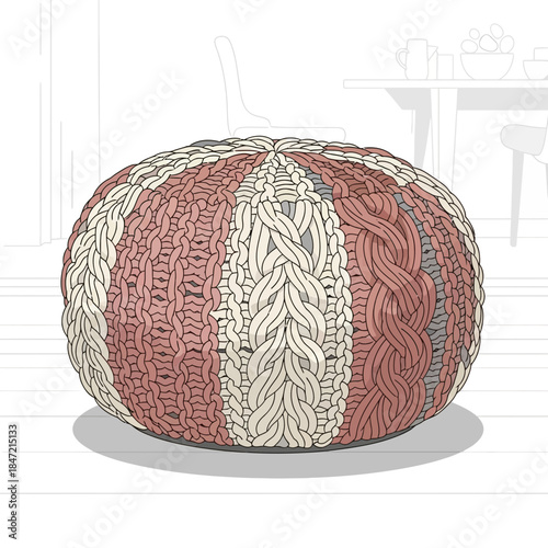 Illustration of a pumpkin made from knitted yarns with striped color variation showcasing