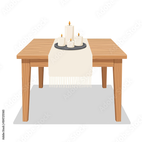 Minimalist wooden table with a white tablecloth and a set of candles for elegant decoration