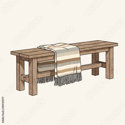 Rustic wooden bench with a cozy blanket draped over it in a warm minimal setting