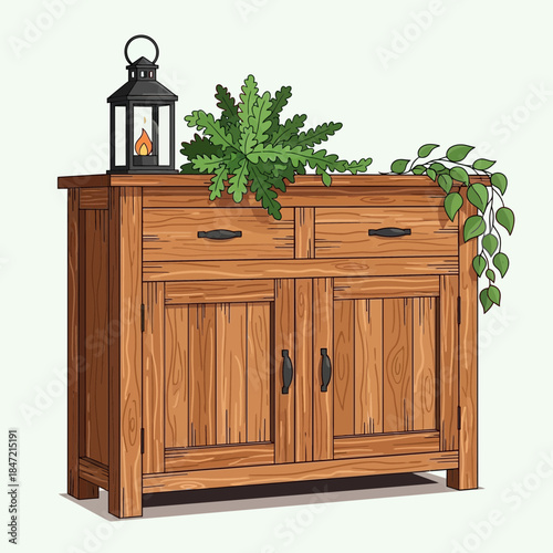 Rustic wooden sideboard with green plants and lantern decorative piece for cozy home interiors