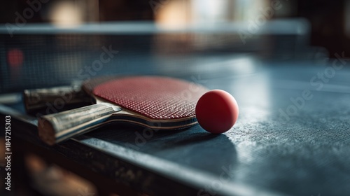 Ping Pong Paddle and Ball on a Table Surface Ready for Tournament Practice