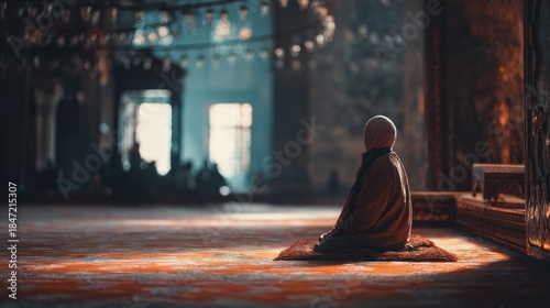 Peaceful contemplation: Muslim woman praying in a stunning mosque interior