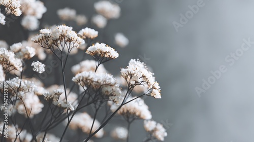 Delicate White Blossom Sprays Against Soft Gray Backdrop, dreamy effect
