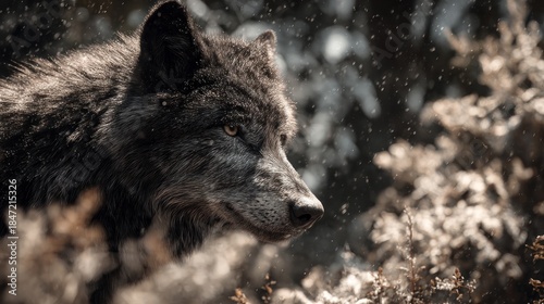 Majestic grey wolf portrait captured during a gentle snowfall in winter