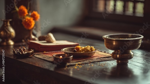 Spiritual serenity: A still life of meditation tools and flowers in quiet repose