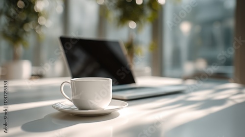 Serene Workspace with Coffee and Laptop in Soft Natural Light Environment