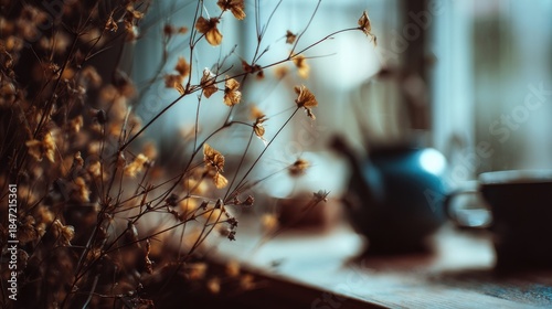 Serene Still Life: Dried Flowers, Teapot, and Cup on a Wooden Surface