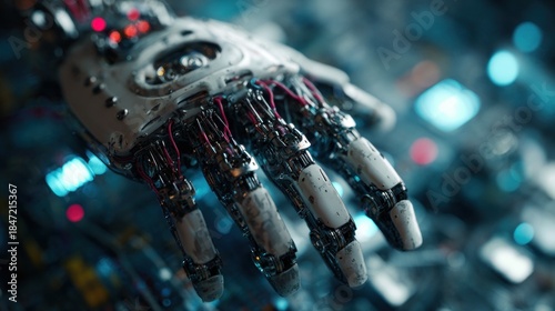 Complex biomechanical hand illustrating advanced technology integration concept
