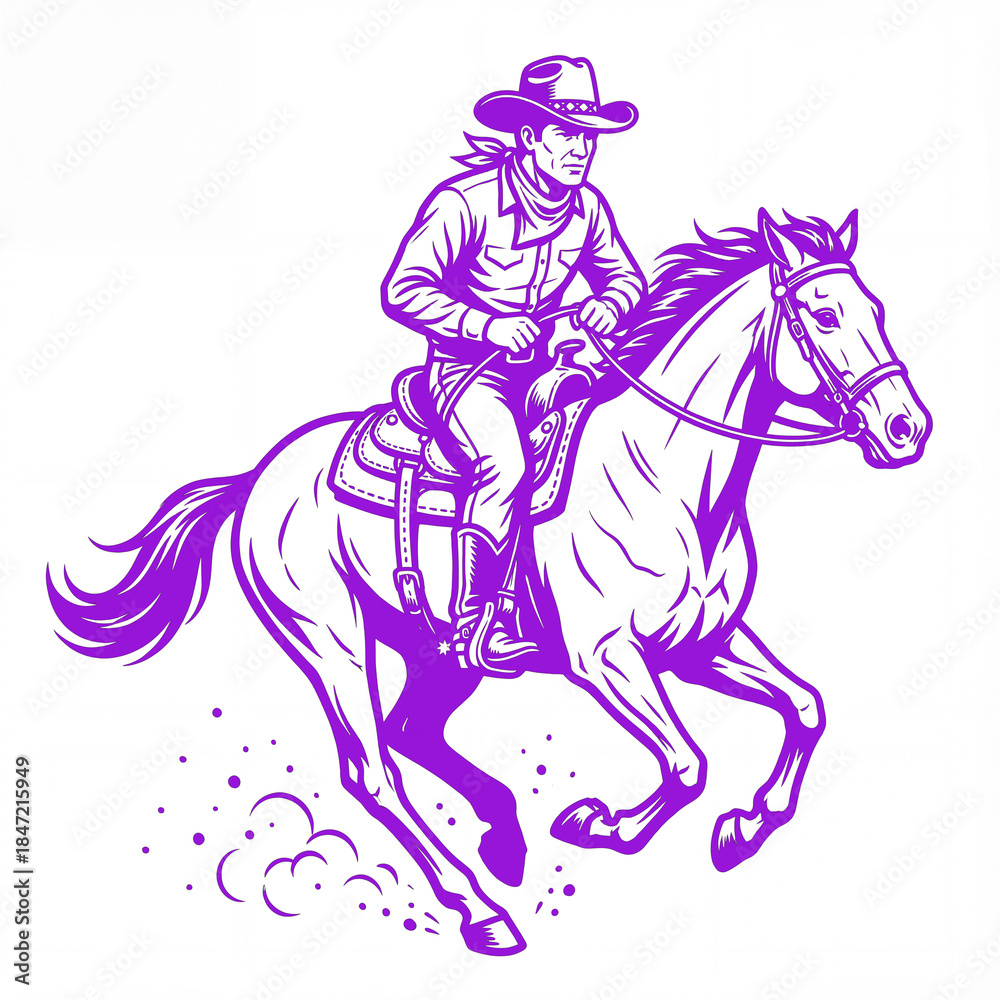 Fototapeta premium Cowboy riding horse while moving in open field in color: vivid indigo