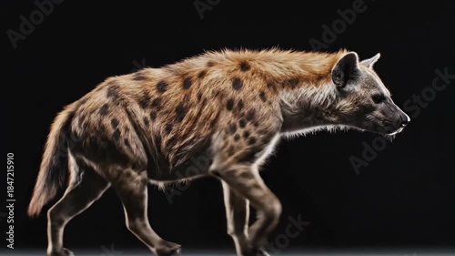 Hyena Walking in Darkness with Focused Gait Showing Spotted Fur and Powerful Movement