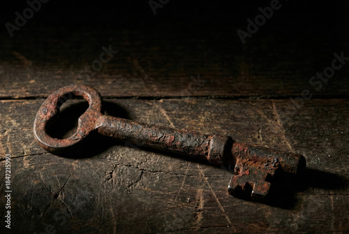 Vintage Key's Secrets Unveiled: An antique key, steeped in history, lies upon a worn wooden surface, telling a tale of forgotten eras and undiscovered possibilities.
