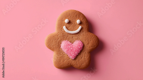 A smiling gingerbread man cookie decorated with a pink heart, placed on a clean pink background.