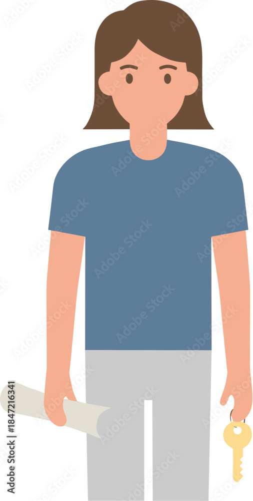 Fototapeta premium Vector illustration of a person holding keys and a rolled document.