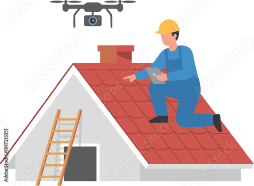 Roofer utilizing a drone for a detailed house roof inspection.