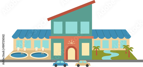 Stylized vector illustration of a modern hotel or resort building.