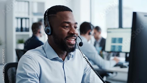 A friendly and professional African American male customer service representative wearing a headset actively engages with a client, pointing at his computer screen while providing excellent support i.