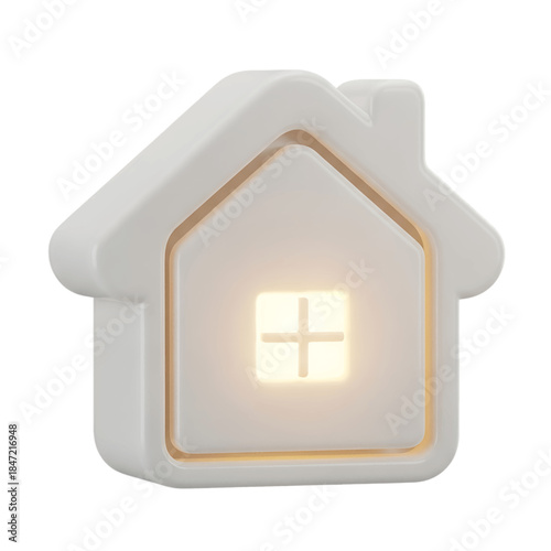 Modern 3D rendered minimalist white house icon with a glowing plus sign window, symbolizing home, property, or real estate, isolated on transparent background.