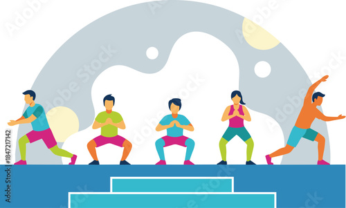 Group of diverse people in colorful sportswear doing fitness exercises.