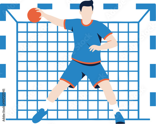 Male handball player in a blue uniform making a jump shot.