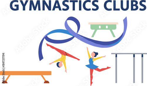 Gymnastics club concept with athletes performing on equipment.