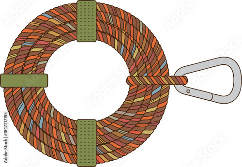 Coiled multicolored climbing rope with a silver carabiner attached.