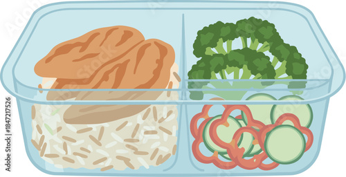 Healthy meal prep container with chicken rice broccoli and sliced vegetables.