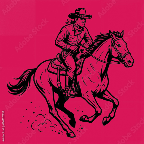 Cowboy riding horse while moving in open field in color: vivid pink