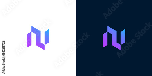 Abstract Geometric 'N' Logo Design with Gradient Colors on White and Dark Backgrounds