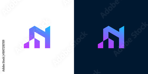 Vibrant abstract letter N logo with a gradient blend of purple and blue, symbolizing modern progress, digital innovation, and upward growth in a sleek, minimalist design for various industries