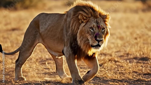 Majestic Lion Walking Calmly Across Savanna During Golden Hour in Natural Wildlife Setting