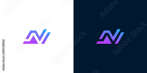 Modern abstract letter N logo with a vibrant purple and blue gradient, symbolizing innovation, growth, and technology, showcased on light and dark backgrounds