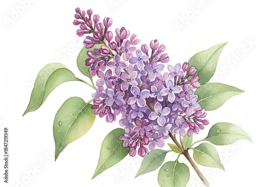Watercolor painting of a fragrant purple lilac branch with green leaves and water droplets on a white background