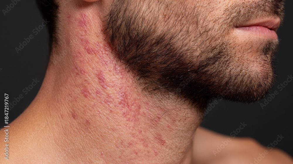 Fototapeta premium Close-up of a man's neck showing red, irritated skin, potentially indicative of an allergic reaction or skin condition