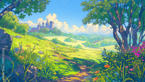 中世の記憶を宿す城と広大な自然が調和する幻想世界の風景｜ヨーロッパ風の歴史建築と草原のイラスト素材