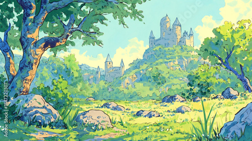 中世の記憶を宿す城と広大な自然が調和する幻想世界の風景｜ヨーロッパ風の歴史建築と草原のイラスト素材