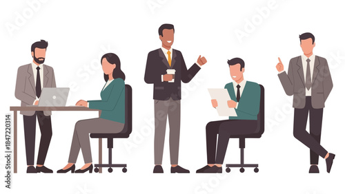 Business meeting and collaboration scenes featuring diverse professionals interacting in a modern office environment