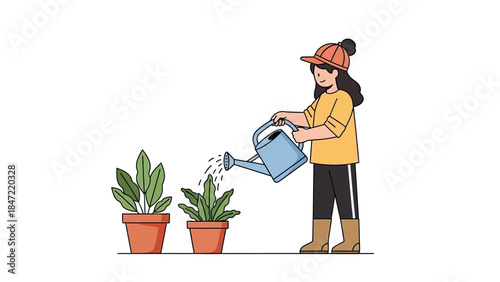 A young woman wearing a hat and boots waters plants in terracotta pots with a watering can, illustrating a gardening hobby