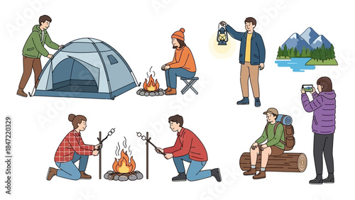 Outdoor camping and adventure activities illustration with people enjoying nature, setting up tents, and hiking with backpacks