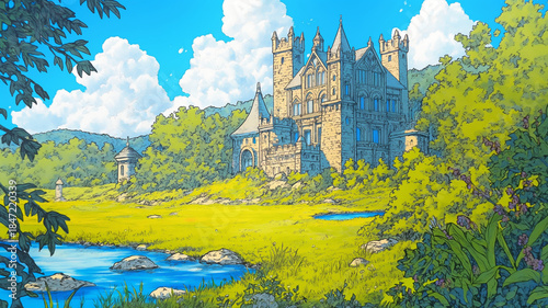 中世の記憶を宿す城と広大な自然が調和する幻想世界の風景｜ヨーロッパ風の歴史建築と草原のイラスト素材