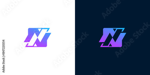 Modern N letter logo design with gradient colors on white and dark backgrounds, abstract geometric shape