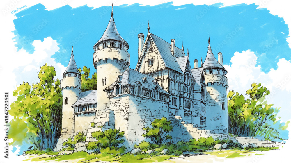 Fototapeta premium 丘の上に建つ伝説の城と緑あふれる草原が織りなす異世界の風景｜ファンタジー建築と自然のイラスト素材