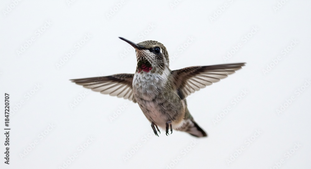 Naklejka premium 真っ白な背景にホバリングするハチドリのクローズアップ躍動的な翼の動きと輝く喉元の羽毛が鮮明に捉えられた瞬間. AI Generated