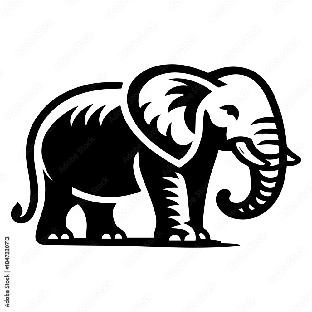 Obraz premium Stylized black and white illustration of an elephant standing, showcasing its iconic silhouette and features.