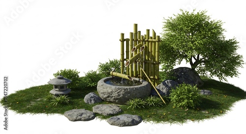 Wallpaper Mural 白背景に際立つ和風庭園 竹の鹿威しと石灯籠が織りなす穏やかで美しい癒しの風景. AI Generated Torontodigital.ca