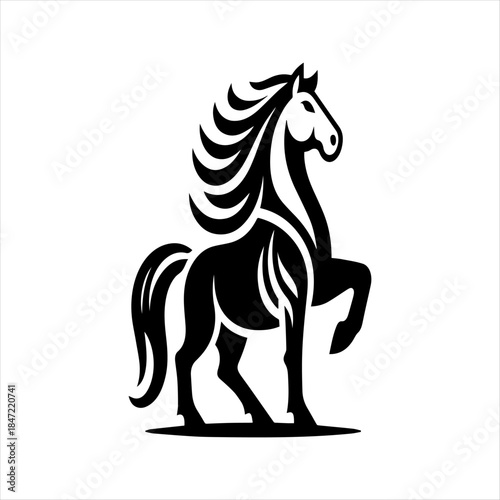 A striking black silhouette of a majestic horse standing on its hind legs, with a flowing mane and tail, depicted in a stylized and elegant logo design.
