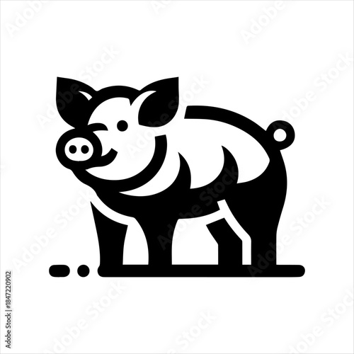 A simple black and white graphic icon of a happy pig standing on a white background.