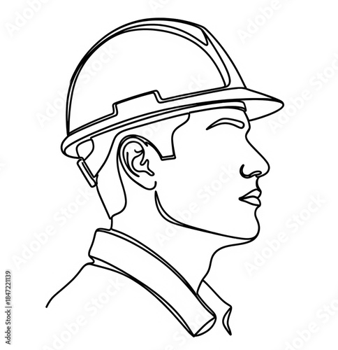 Profile portrait of a male construction worker wearing a hard hat, industrial safety concept, manual labor, line art.