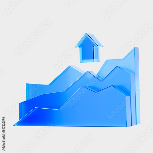 3D Glass Growth Chart icon, analytics business progress symbol. Liquid Glass design icon, a trending glass icon for graphic design, UI, UX interfaces, and 3D illustration.